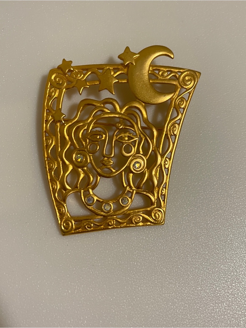 Vintage JJ Gold Celestial Woman Pendant Pin brooch signed